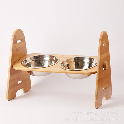 Stainless Steel Double Pet Dog Bowl Bamboo Stand