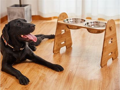 Stainless Steel Double Pet Dog Bowl Bamboo Stand