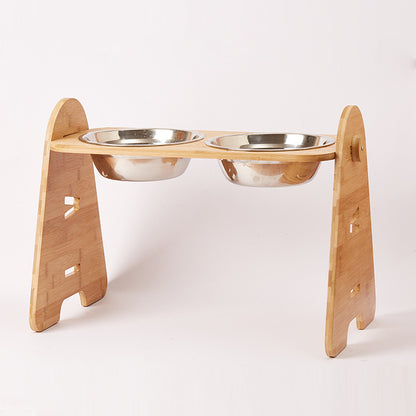 Stainless Steel Double Pet Dog Bowl Bamboo Stand